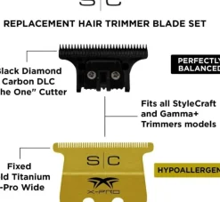 StyleCraft Replacement Fixed Gold Titanium X-Pro Wide Hair Trimmer Blade with The One